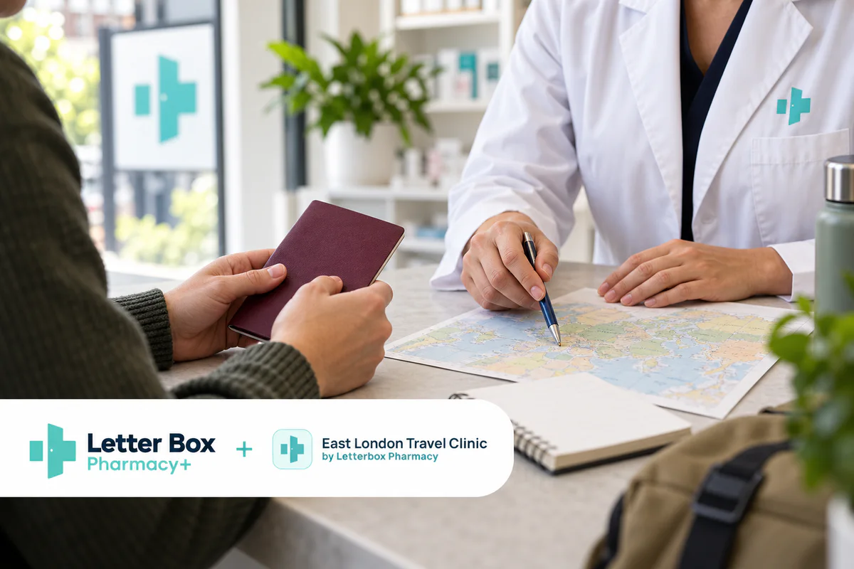 East London Travel Clinic by Letterbox Pharmacy partnership and travel planning illustration