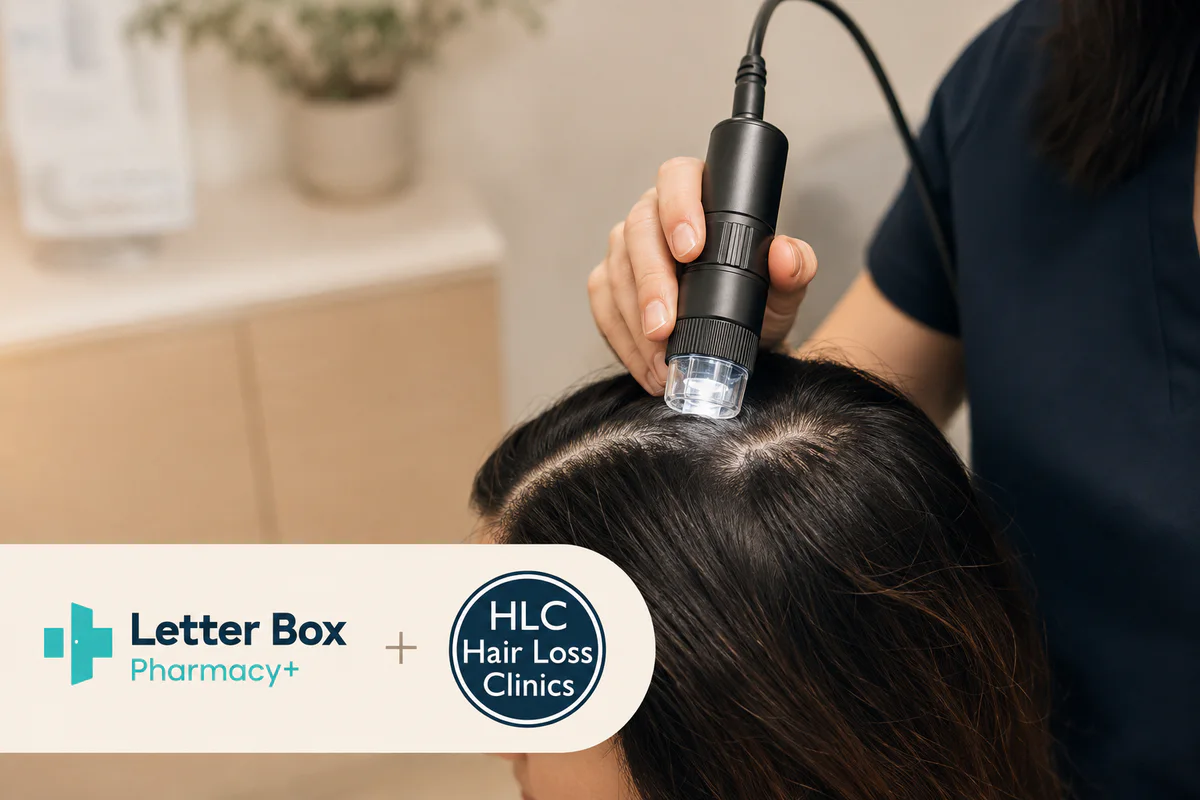 Letter Box Pharmacy and HLC hair and scalp consultation illustration