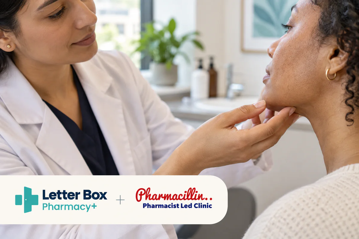 Pharmacillin and Letter Box Pharmacy skin consultation partnership illustration